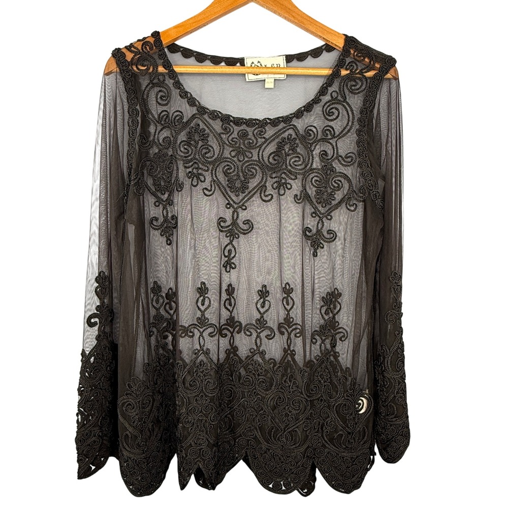 Vintage Gothic Western Sheer Lace Blouse Black Embroidered Mesh Top‎ Size 2XL